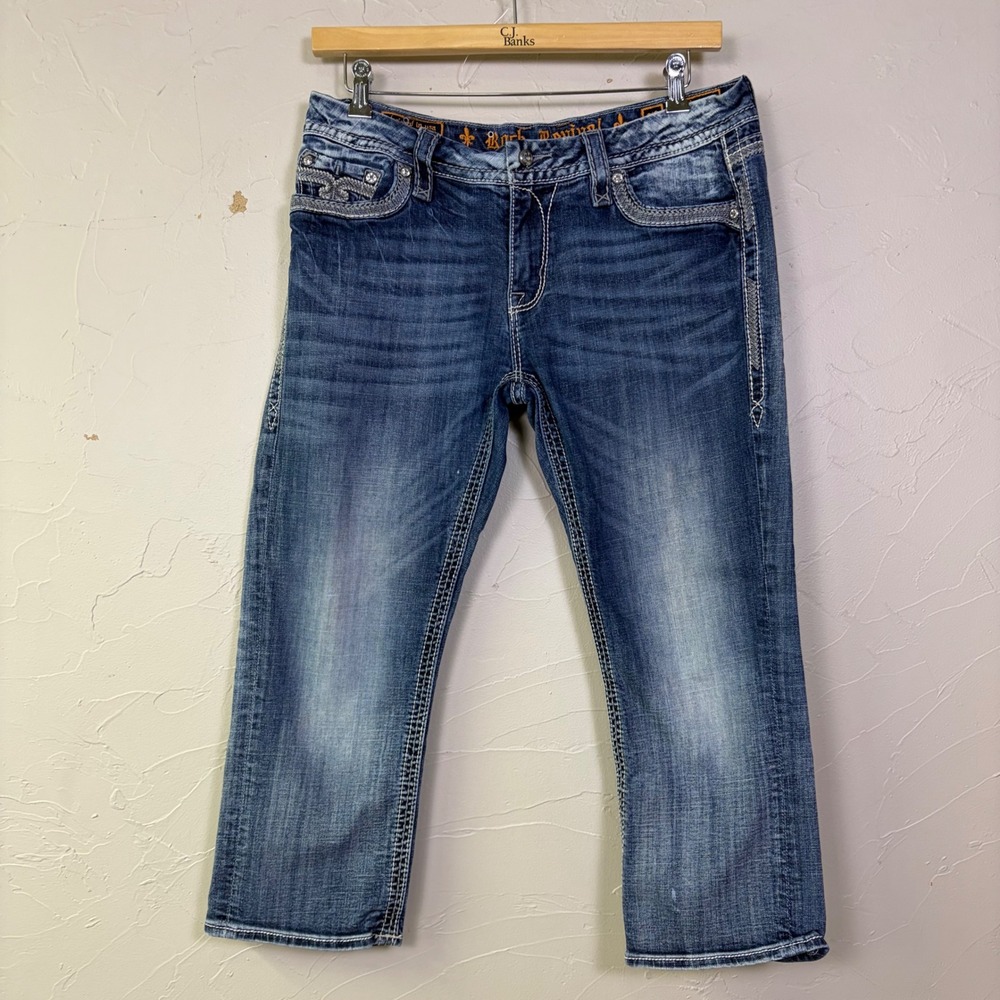 Rock Revival Ashley Easy Capri Jeans Womens 32 Blue Embellished Denim Y2K Style